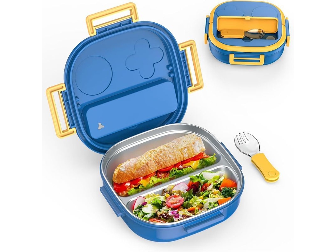 Fiambrera Infantil De Acero Inoxidable Con Cubiertos Portátiles, 2 Compartimentos, Azul.