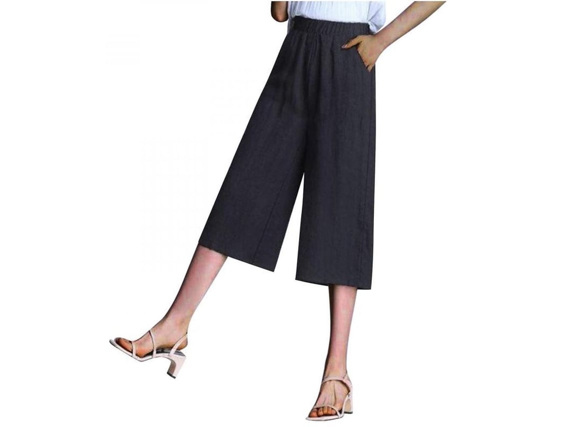 Calça feminina de algodão e linho com pernas largas, modelagem casual e solta, com bolsos, para primavera-verão, cintura alta, tamanho XL, preta.