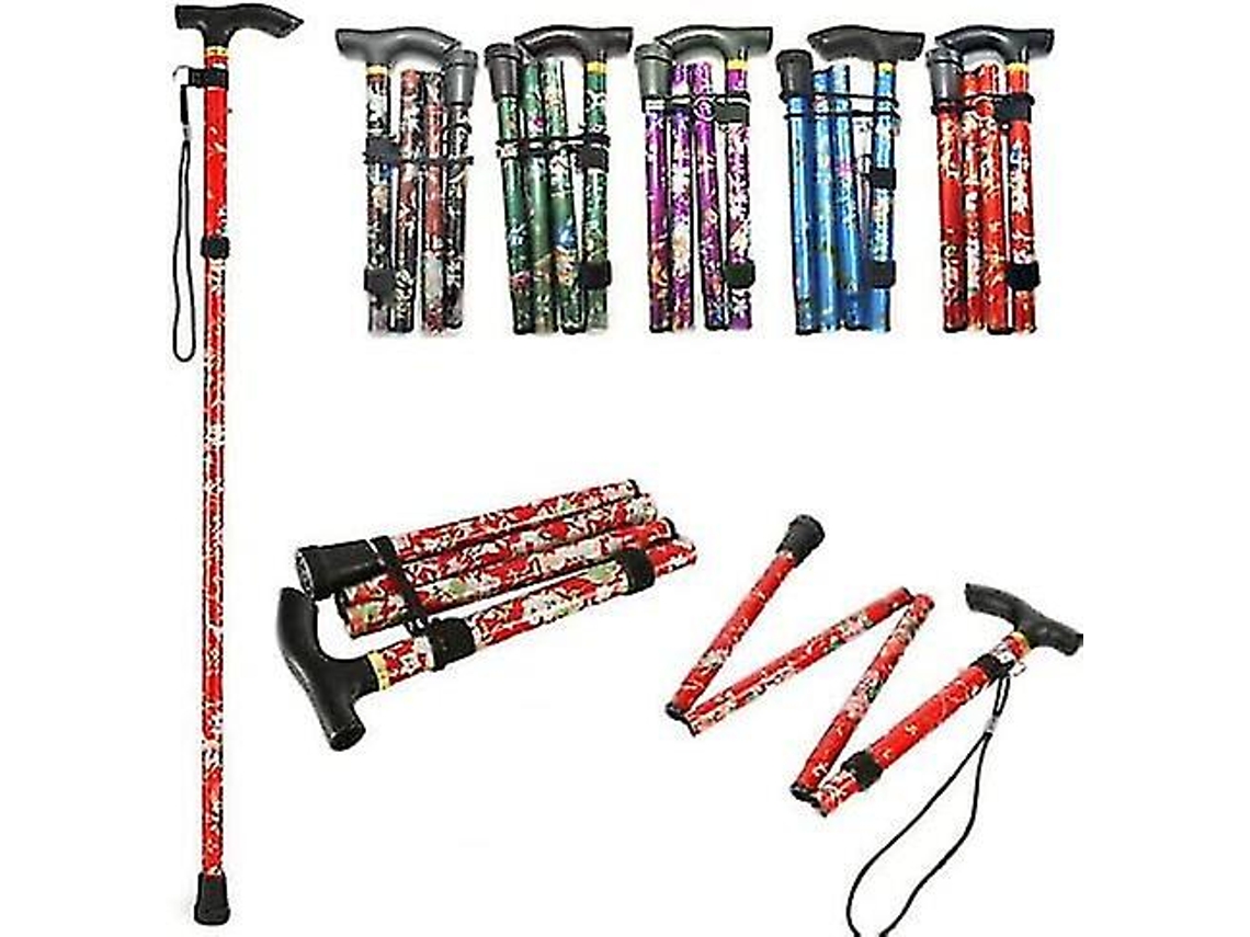 Bastón de aluminio plegable y ajustable con estampado floral para senderismo y acampada, duradero y facilita la movilidad.
