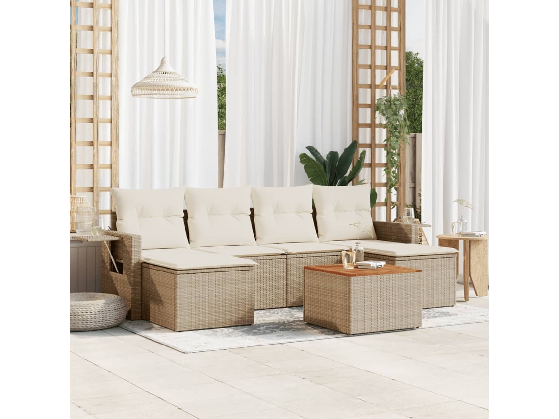 Conjunto de sofá de jardín de 7 piezas con cojines, mimbre sintético beige, Dkd Home Decor