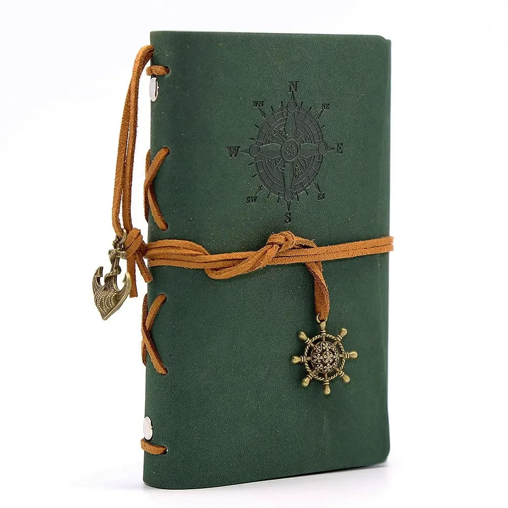 Libreta vintage de piel flexible de 14 x 10 cm con hojas interiores en papel kraft MDUG (verde)