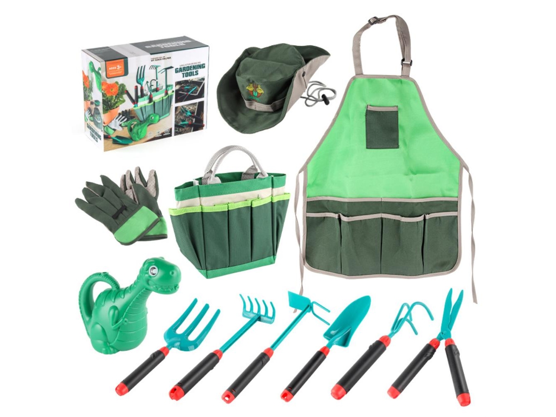 Walshlxq Kit de herramientas de jardinería para niños de 11 piezas: bolsa, pala, rastrillo, gancho, delantal, guantes y regadera - Juguete para exteriores