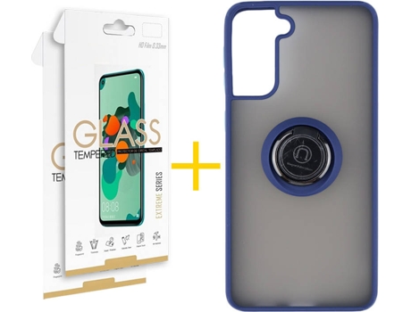 Carcasa y 2 Protectores de Pantalla de Vidrio Samsung S21 Plus SKYHE Gel Bumper Ring Azul