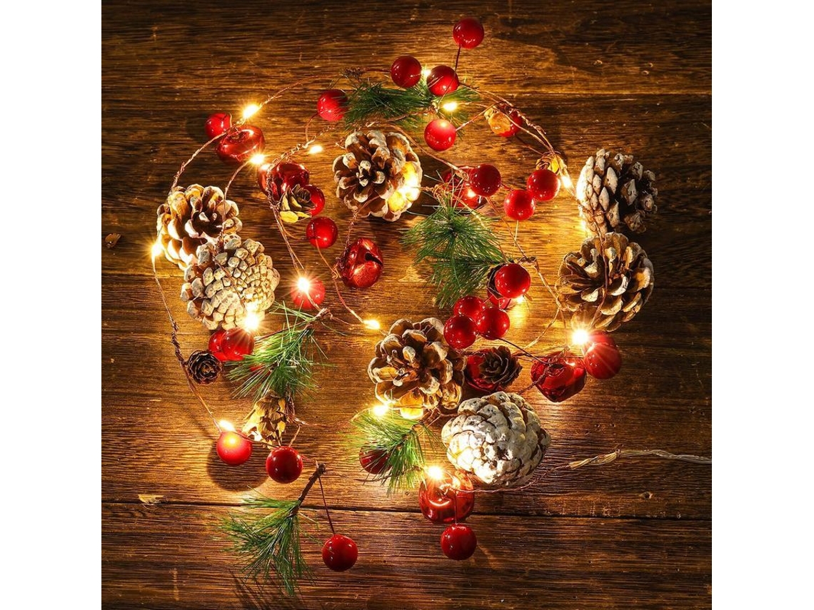 Guirnalda de luces navideñas con pilas, 2 m, 20 LED, con piñas y bayas rojas para mesa o chimenea.