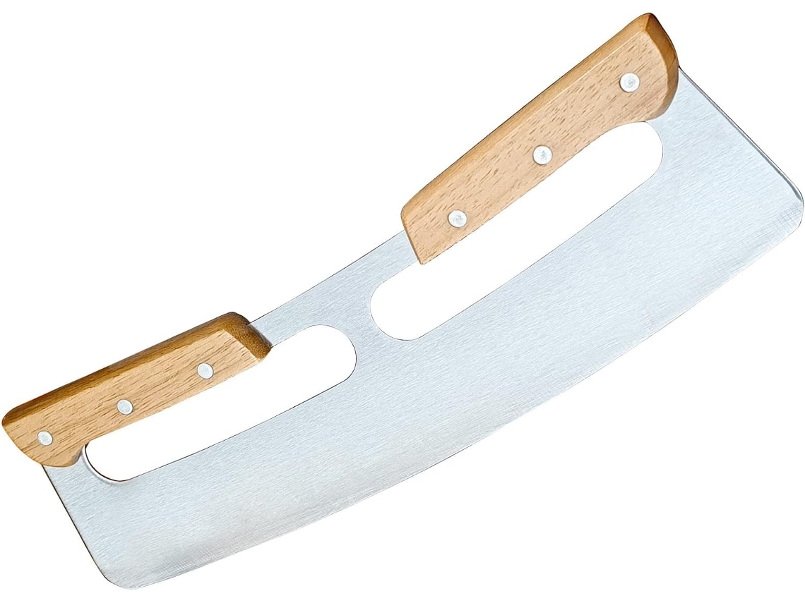 Rodillo para pizza, cuchilla de acero inoxidable con mango doble de madera y cubierta de plástico, cortador/picador de pizza grande de 14 pulgadas