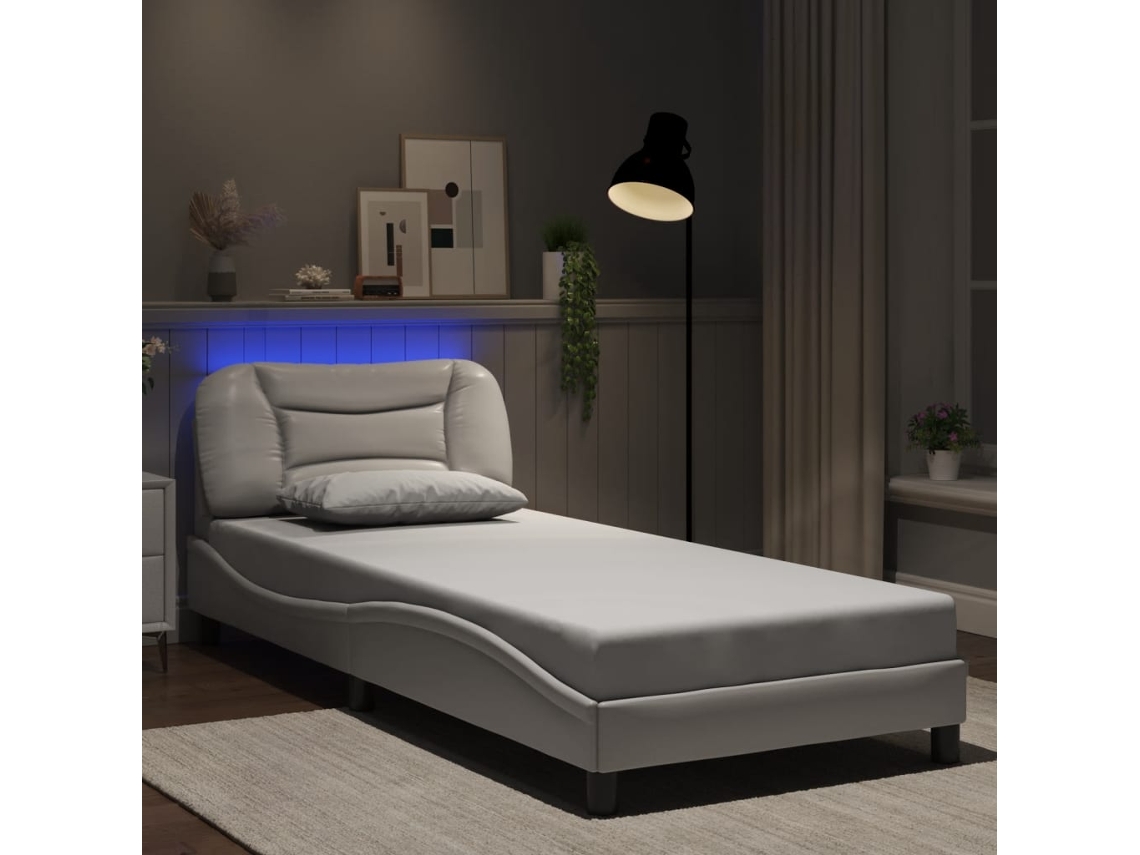 Estructura Cama Con Luces Led Cuero Sintético Blanco 90x200 Cm