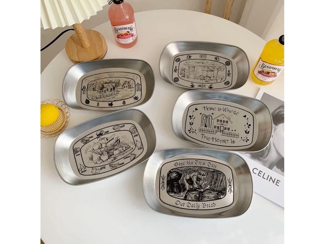 5 Bandejas Retro Americanas De Acero Inoxidable Chapado En Estaño Para El Hogar, Ideales Para La Cena, Aperitivos, Frutas, Comida, Mesa De Café O Picn