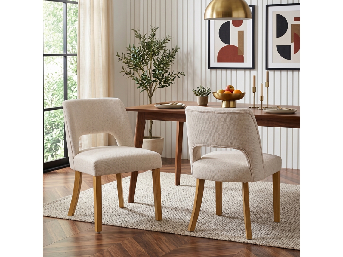 2 Sillas Comedor, Lino Transpirable, Patas Madera Maciza, Beige