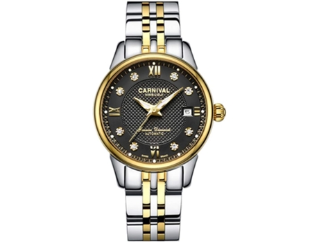 VEANXIN Relojes impermeables con esfera de acero y banda de acero automático con diamantes para mujer-Oro negro