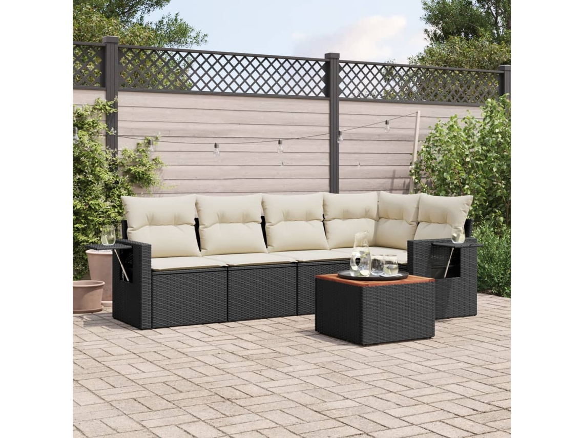 Conjunto de sofá de jardín de 6 piezas con cojines, mimbre sintético negro, DKD Home Decor