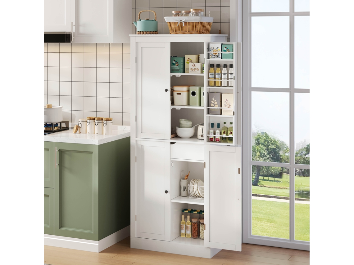 Mueble de cocina alto multifuncional, aparador con dos puertas, estante, compartimentos de almacenamiento y cajón interior.