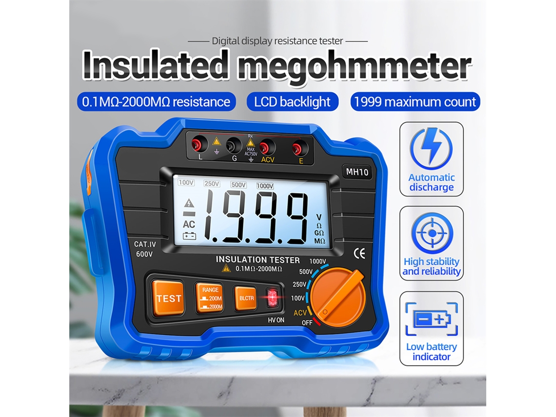 Comprobador Digital De Resistencia De Aislamiento De 100 V/250 V/500 V/1000 V Con Pantalla Lcd Retroiluminada.