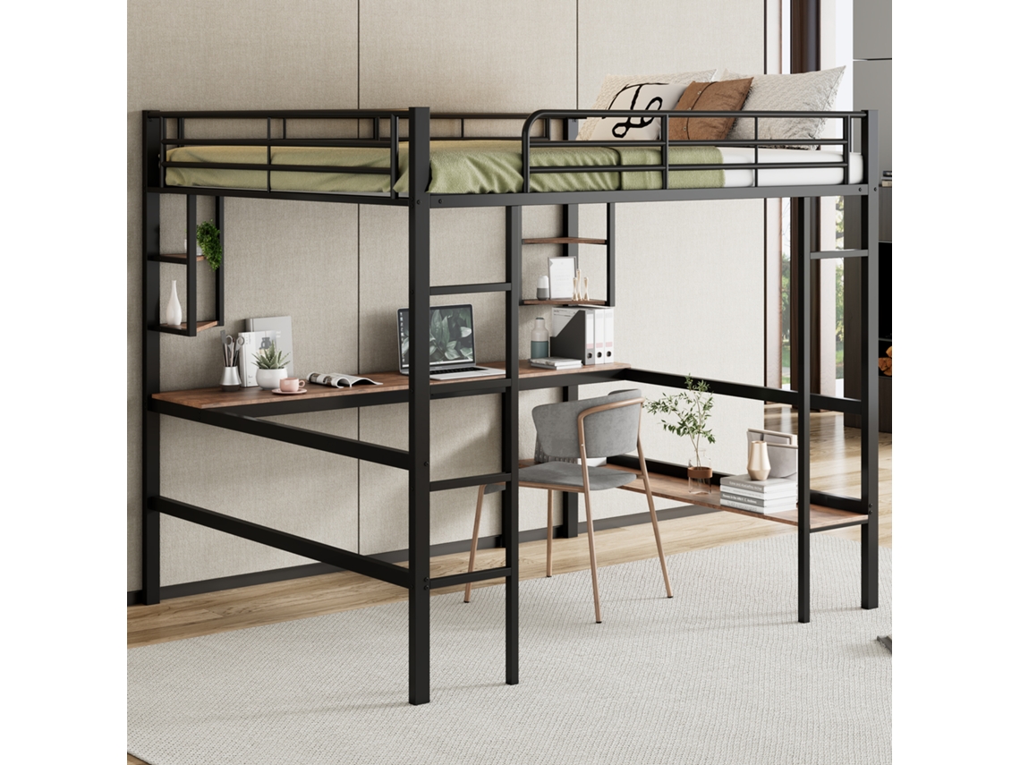 Cama alta de 140x200cm, cama de hierro con escritorio, sin colchón, cama alta con cuatro estantes y una balda grande.