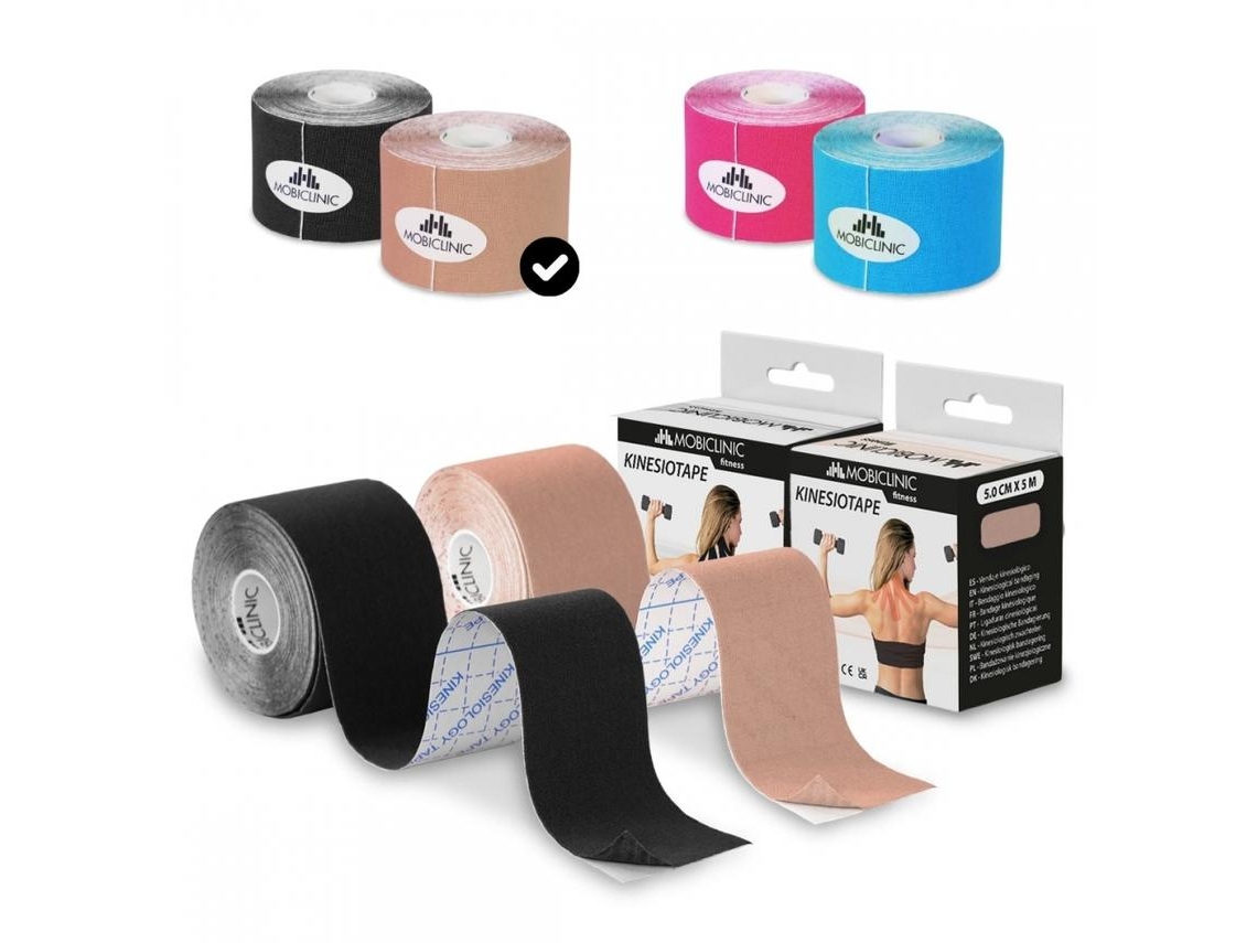 Pack 2 Bandas Neuromusculares Kinesiotape MOBICLINIC Mobitape (5cm x 5m - 12 Unidades - Negro y Beige)