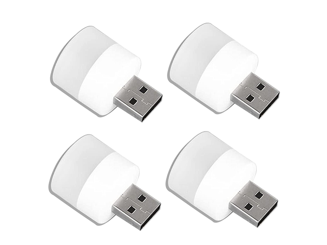 Luz de noche USB, mini lámpara LED, enchufable, blanco cálido, ideal para dormitorio y baño.