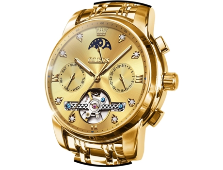 VEANXIN Reloj hueco automático para hombre Calendario clásico Reloj de acero inoxidable resistente al agua(oro)