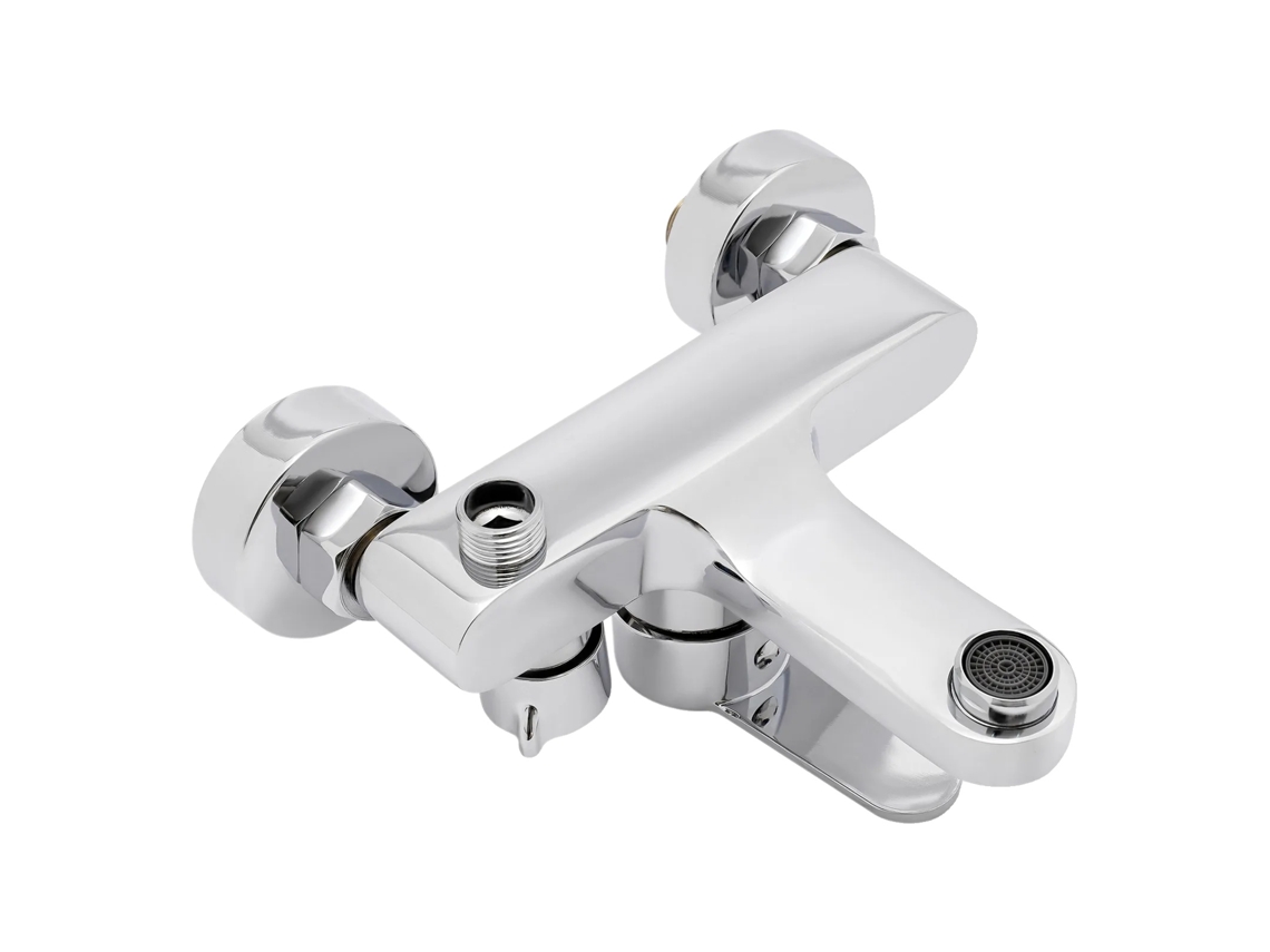 Grifo de baño moderno de pared con dos salidas de agua, fabricado en plata.