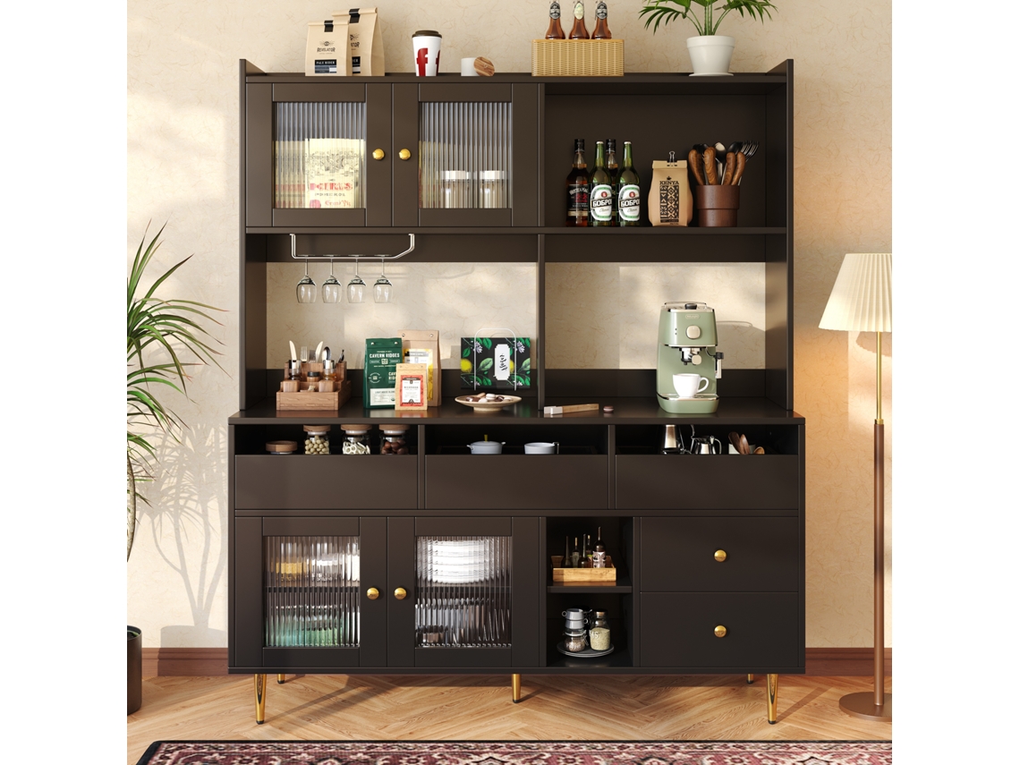 Aparador alto moderno de MDF con almacenamiento multinivel en estilo negro