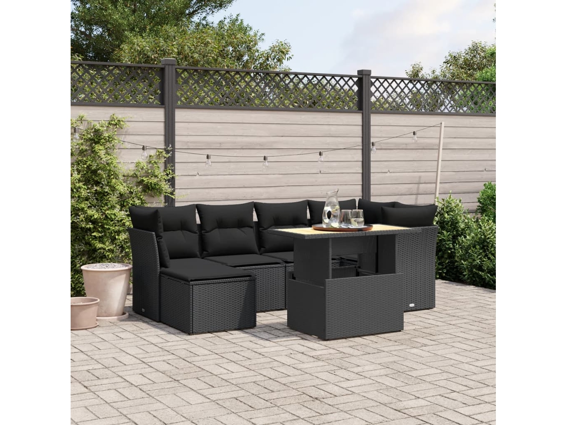 Conjunto de sofá de jardín de 7 piezas con cojines, ratán negro, Dkd Home Decor