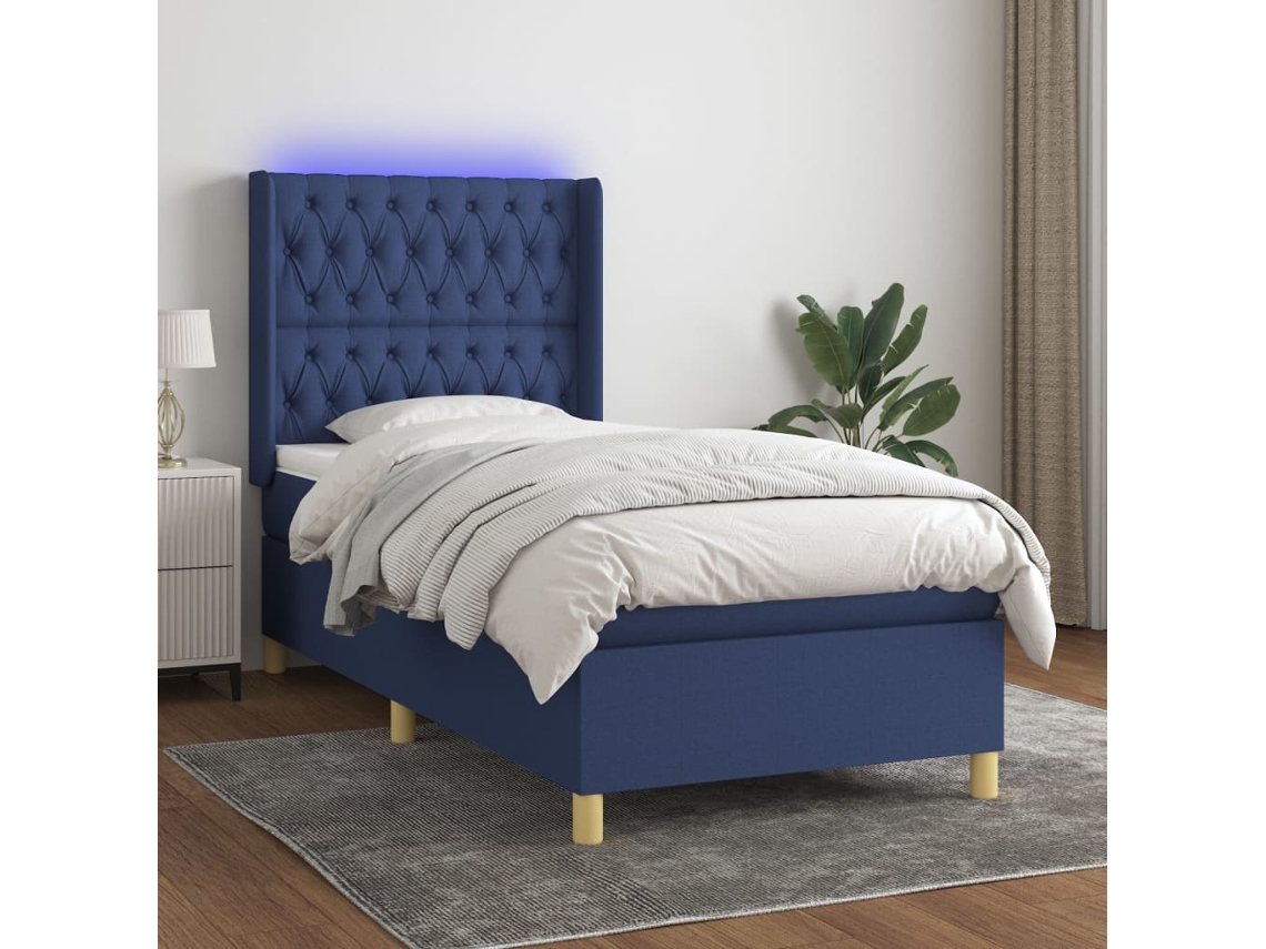 Cama Box Spring Colchón Y Luces Led Tela Azul 80x200 Cm