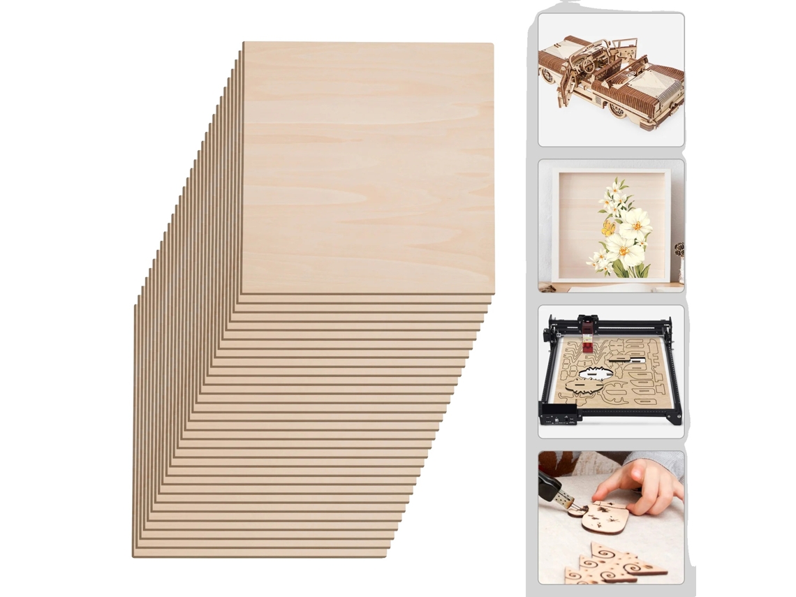 Placa de madera, material de álamo, 400 x 400 x 3 mm, forma cuadrada, estilo moderno, veta de madera clara.