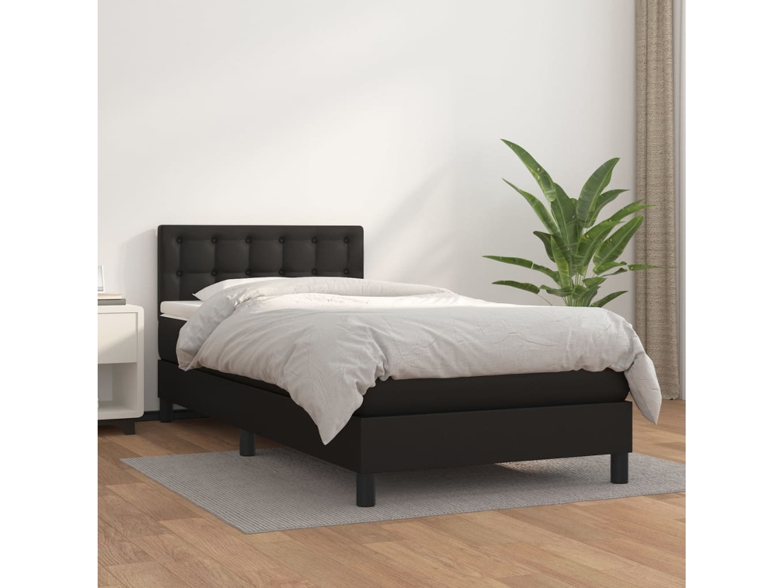 Cama Box Spring Con Colchón Cuero Sintético Negro 100x200 Cm