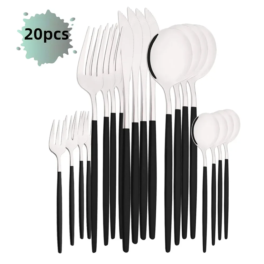 Cubiertos De Acero Inoxidable (negro Y Plateado, Juego De 20 Piezas), Pulidos A Espejo, Perfectos Para El Hogar, Restaurantes Y Bodas.