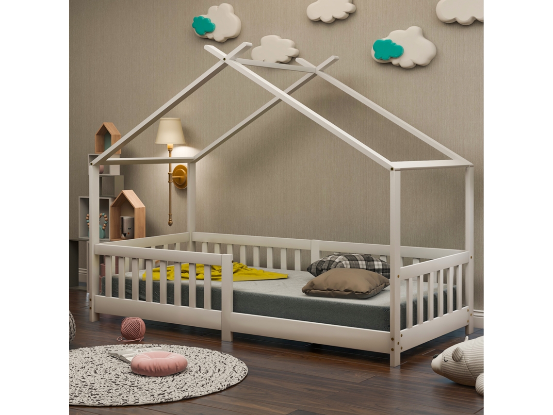 Cama infantil Mobrio de 90 x 200 cm en madera maciza con protección anticaídas y somier de láminas blanco