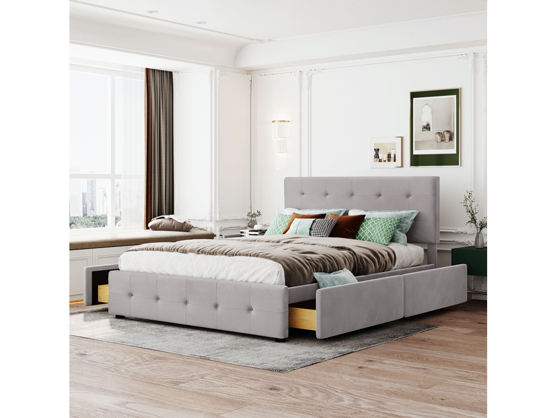 Cama De Terciopelo Gris De 140x200 Con 2 Cajones