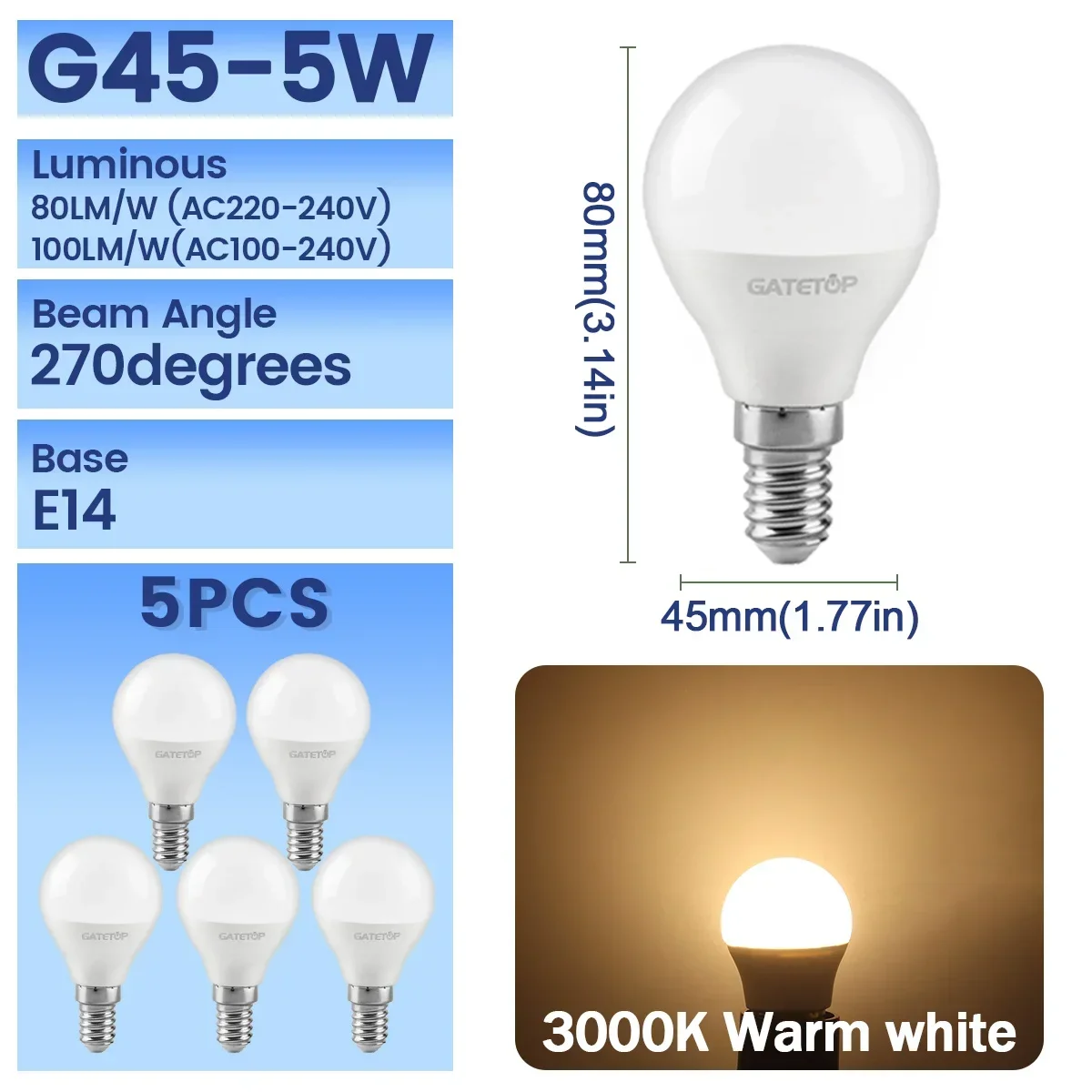 (g45 3000k, Ac220-240v) Paquete De 5 Bombillas Led, E14, Sin Parpadeo