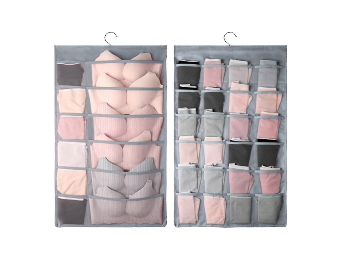 Organizador de ropa interior de doble cara para colgar sujetadores, bragas, calcetines y bolsa de almacenamiento gris.