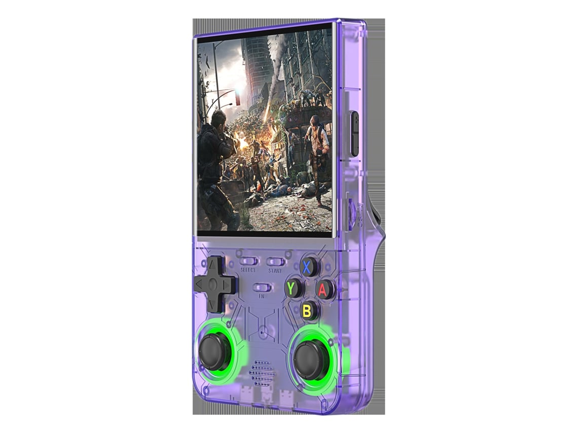 Consola de juegos ultraportátil Fwinl R36 con pantalla de 4.0 pulgadas y consola arcade retro, color morado transparente, 64 GB