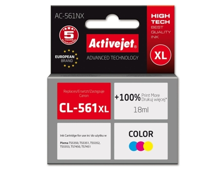 Cartucho de Tinta Original ACTIVEJET AC-561NX (Cian/Magenta/Amarillo - Pixma TS5350 - Canon - TS5351 - TS7450 - TS5352 - TS5353 - TS7451)
