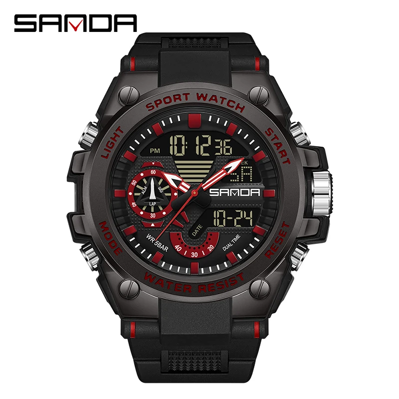 Reloj Electrónico Digital (negro Y Rojo), Resistente A Golpes Y Al Agua, Reloj Deportivo Electrónico Con Doble Pantalla Led.