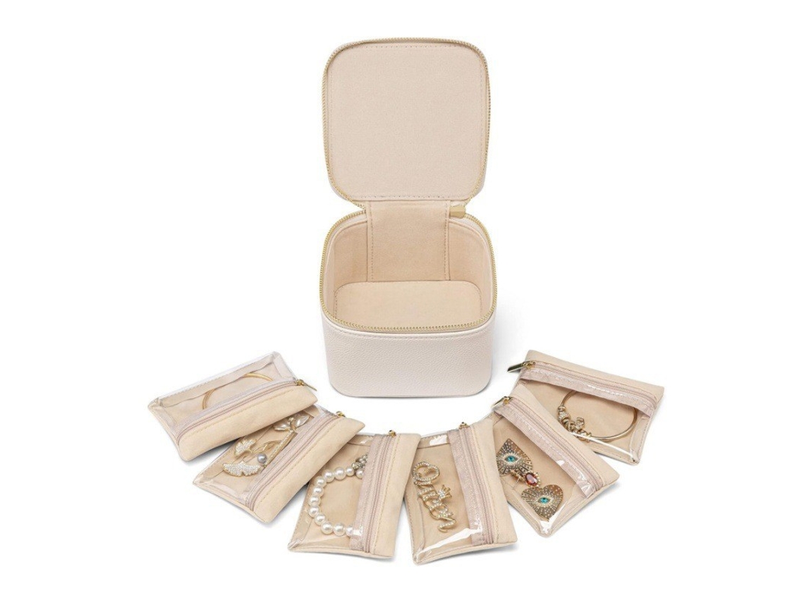 Joyero a prueba de polvo con 6 bolsillos con cremallera para pendientes, anillos y collares (beige) Cuich