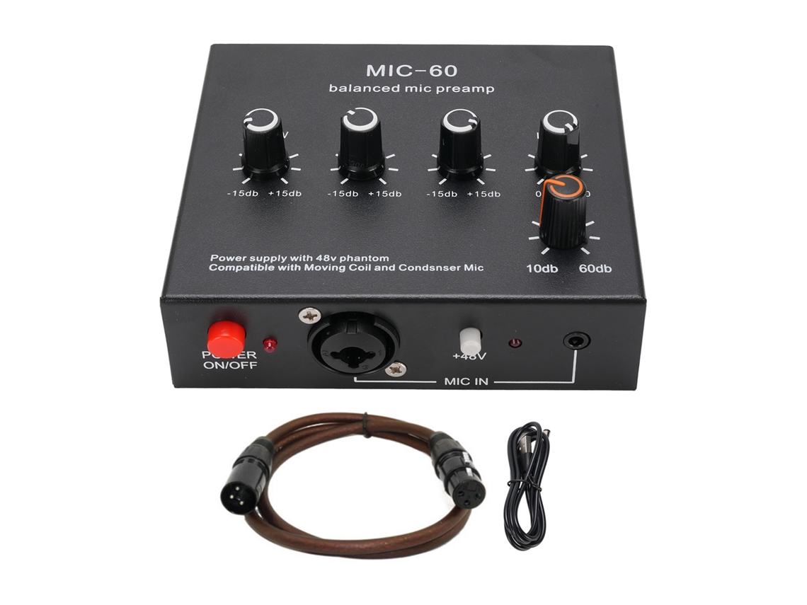 Preamplificador De Micrófono Con Fuente De Alimentación De 48 V, Ganancia De 60 Db, Para Micrófonos De Condensador Dinámicos, Conectores Xlr De 3,5 Mm Y 6,35 Mm, Con Cable Xlr.
