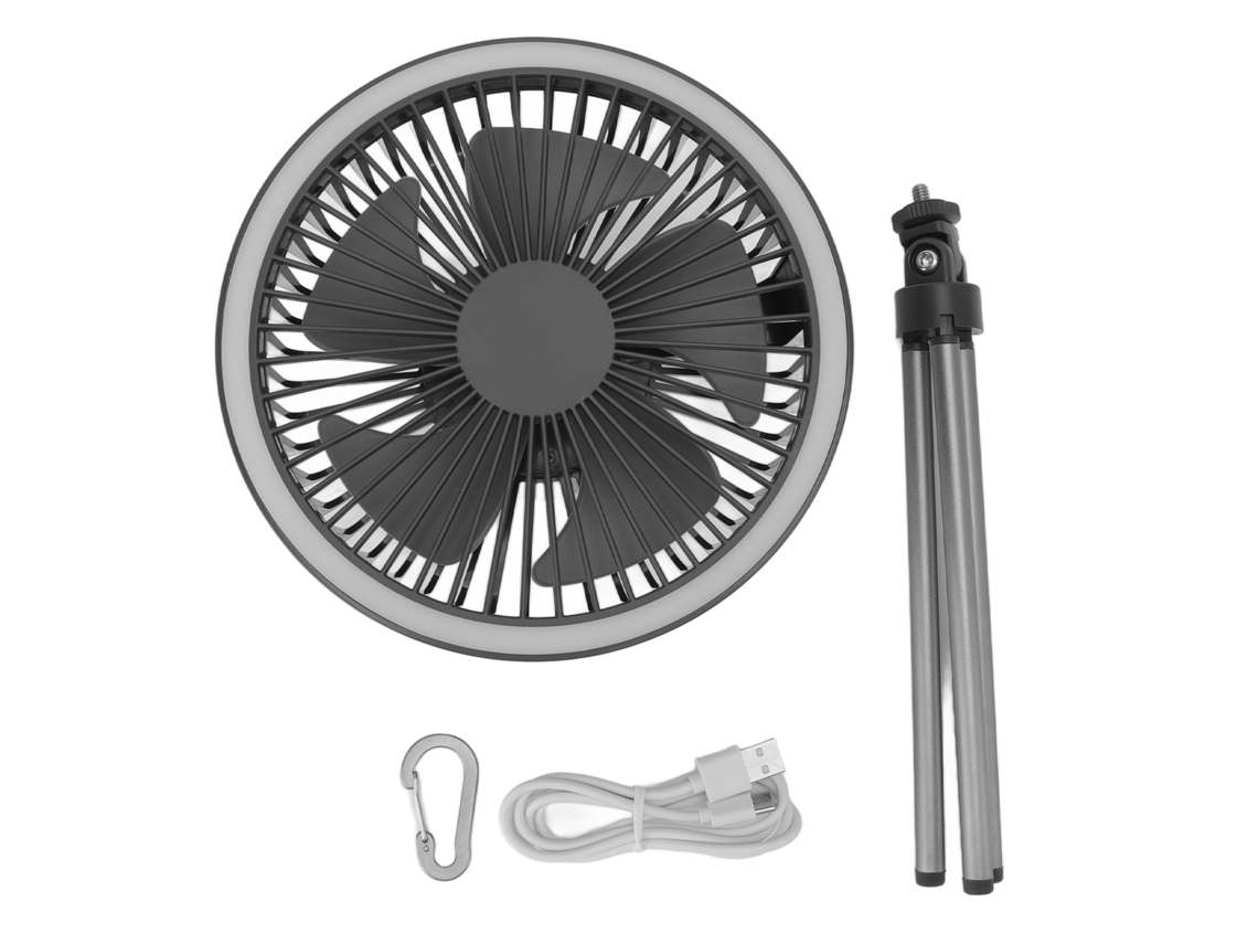 Ventilador portátil gris con trípode, 10000 mAh, 3 velocidades, ligero.