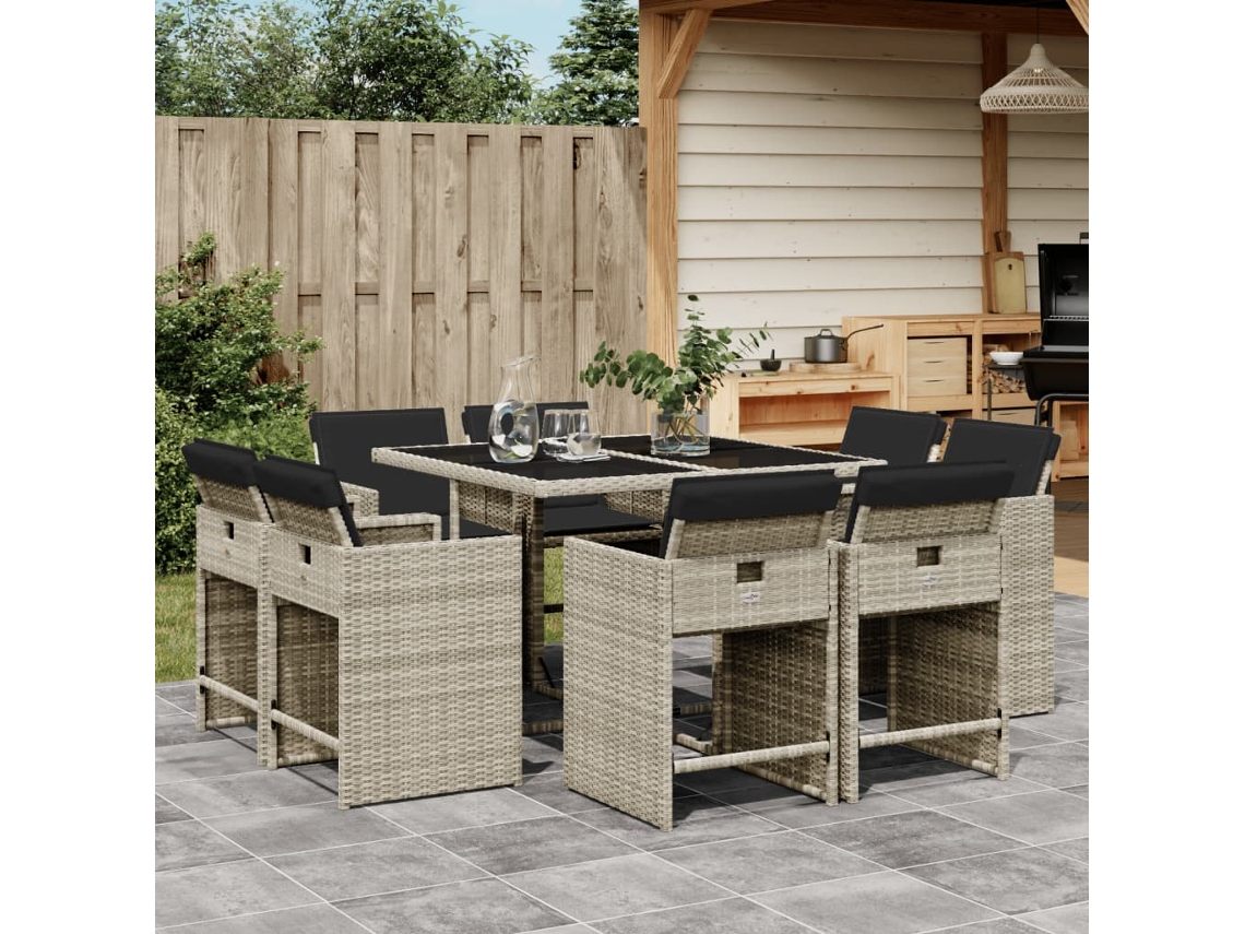 Juego de comedor de jardín de 9 piezas con cojines gris claro, Dkd Home Decor