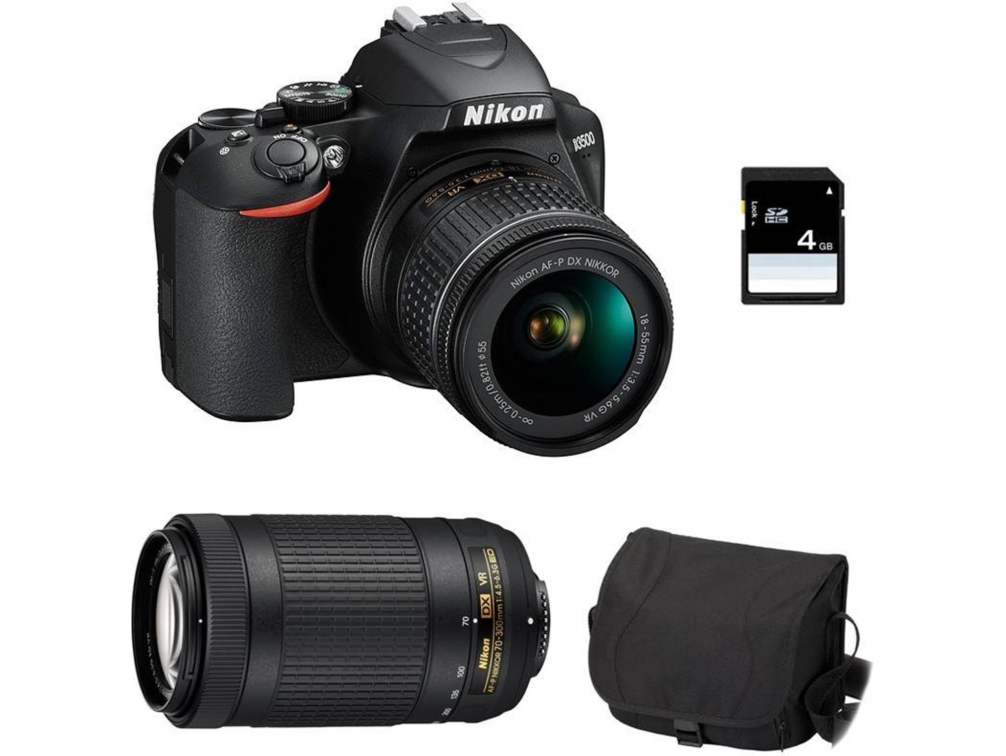 Kit Cámara Réflex NIKON D3500 + 18-55 VR + 70-300 AF-P VR + Bolsa + SD 4Go