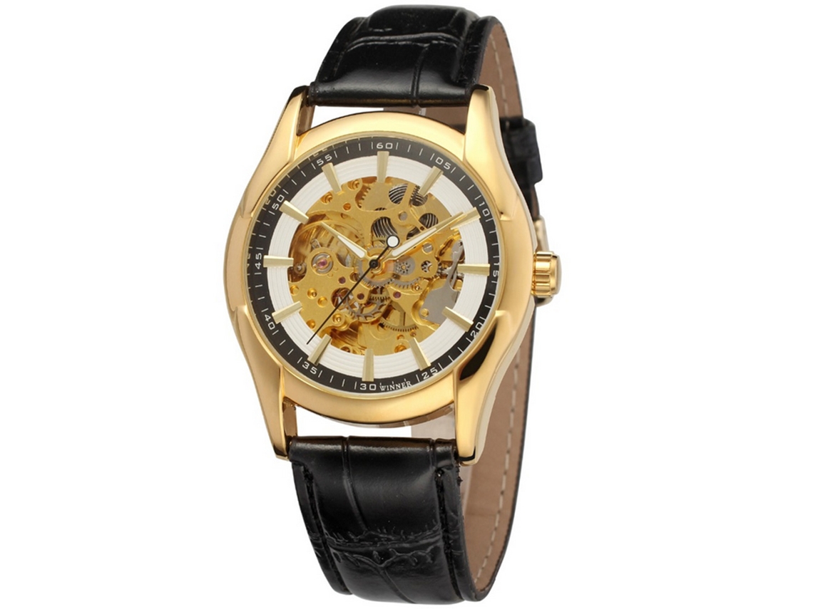 Reloj De Muñeca Automático Hollow Out Correa De Cuero Pu Hombre (oro Blanco)