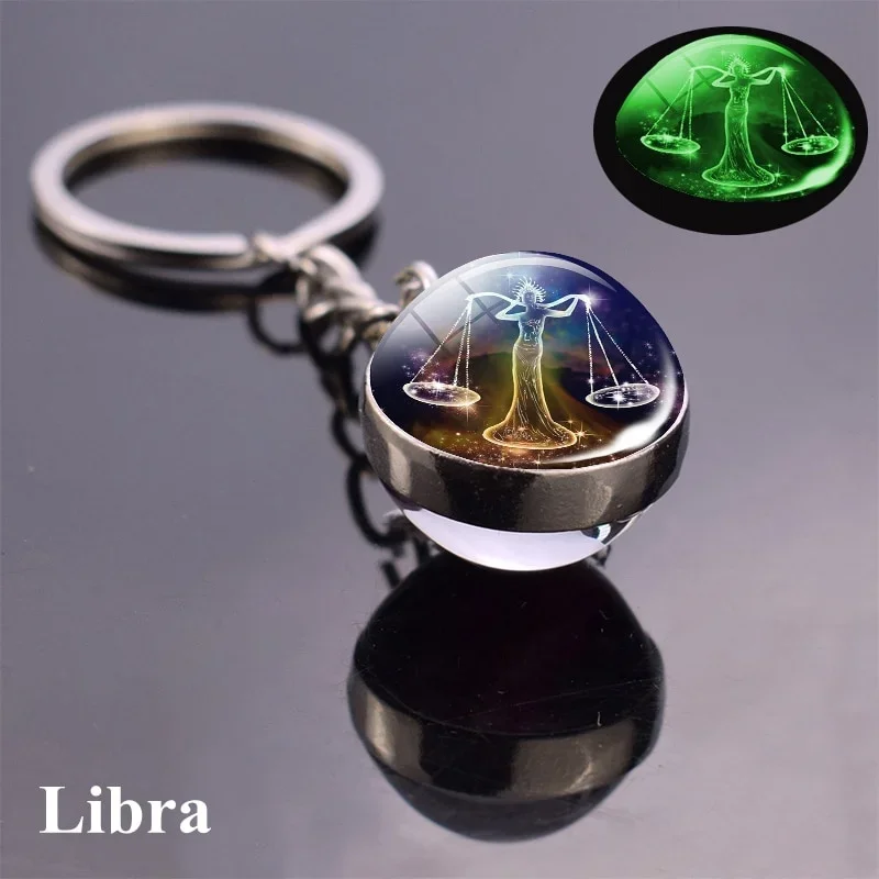 (libra) Llavero Con Bola De Cristal Brillante De Doble Cara Con Los 12 Signos Del Zodiaco