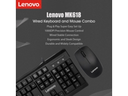 Combo De Teclado Y Ratón Con Cable Lenovo Mk618, Ergonómico, De Tamaño Completo, 1000 Dpi, Usb Para Pc/portátil