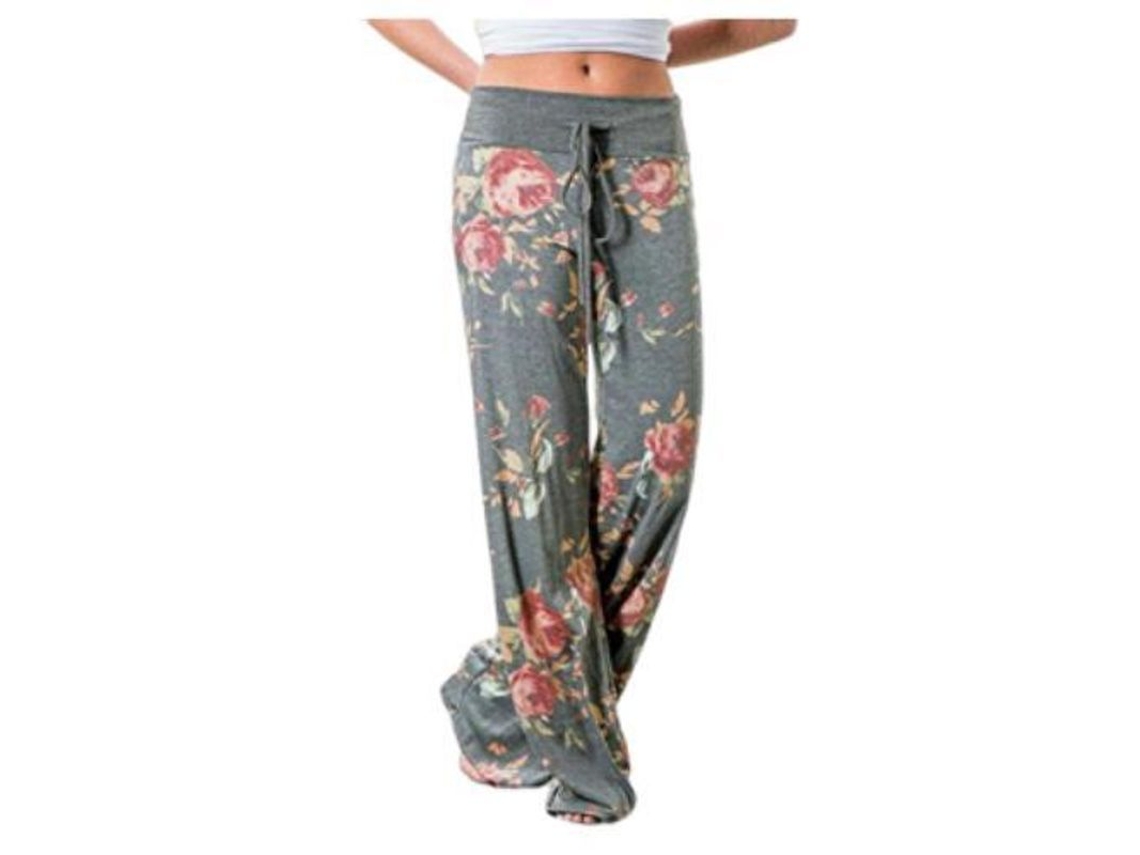 2026-pantalones De Lounge Anchos Con Estampado Floral Y Cordón Ajustable Para Mujer Confortables Elásticos Xxl Gris Claro