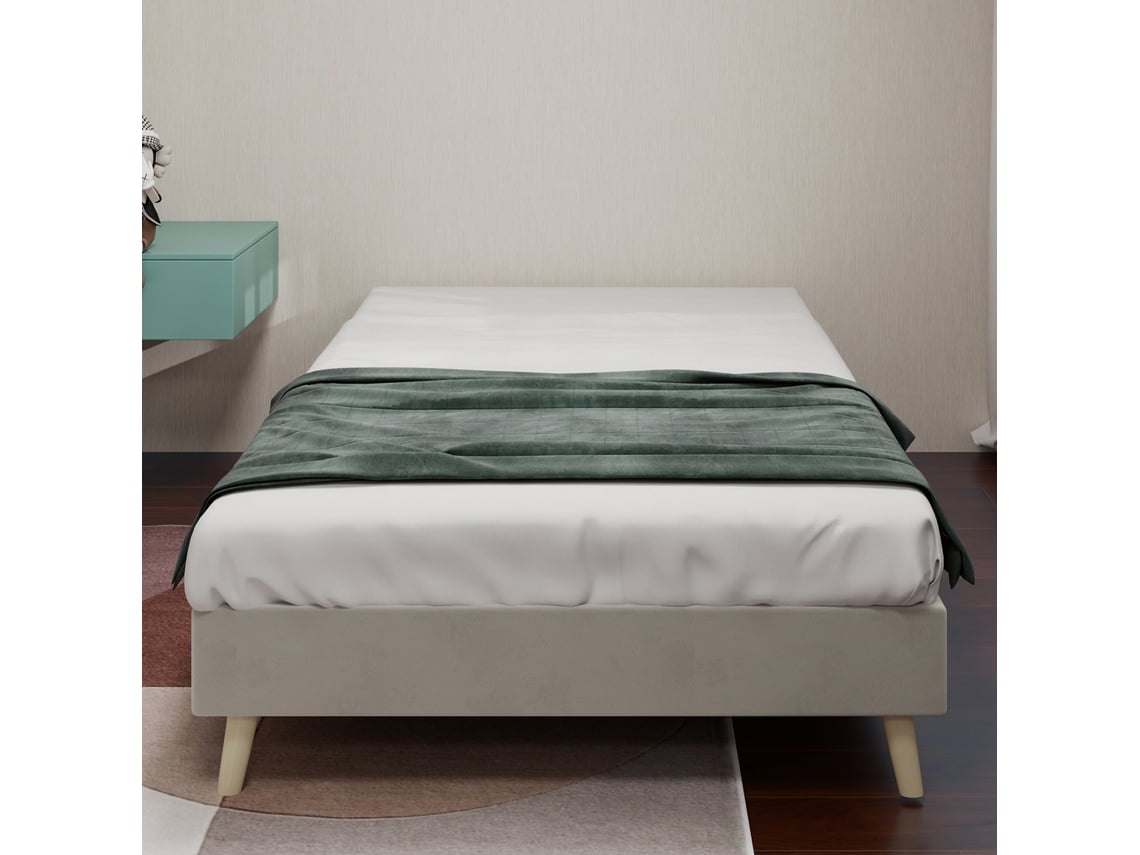 Cama Sencilla De 90x200 Cm, Base Baja De Terciopelo Beige Sin Cabecero.