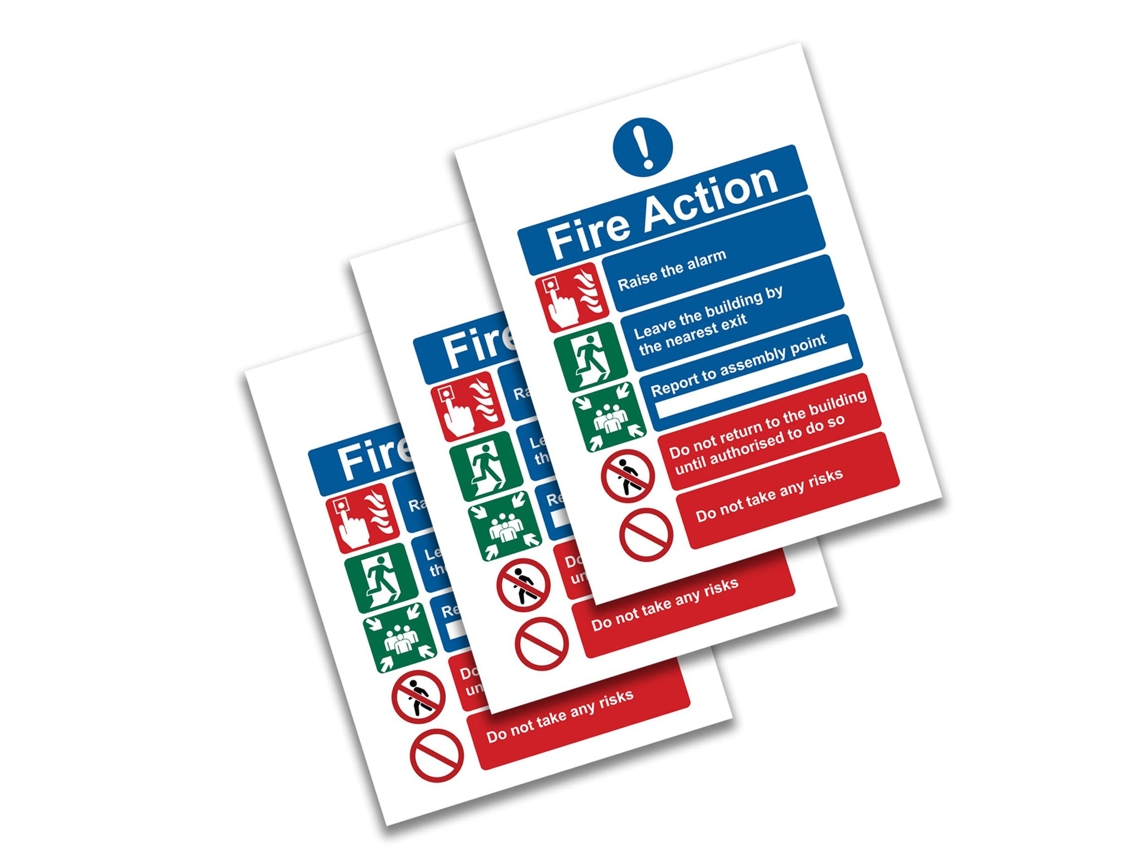 Señales de evacuación en caso de incendio, 15 x 20 cm, señales de seguridad personalizables con instrucciones claras para alarma de incendio, A