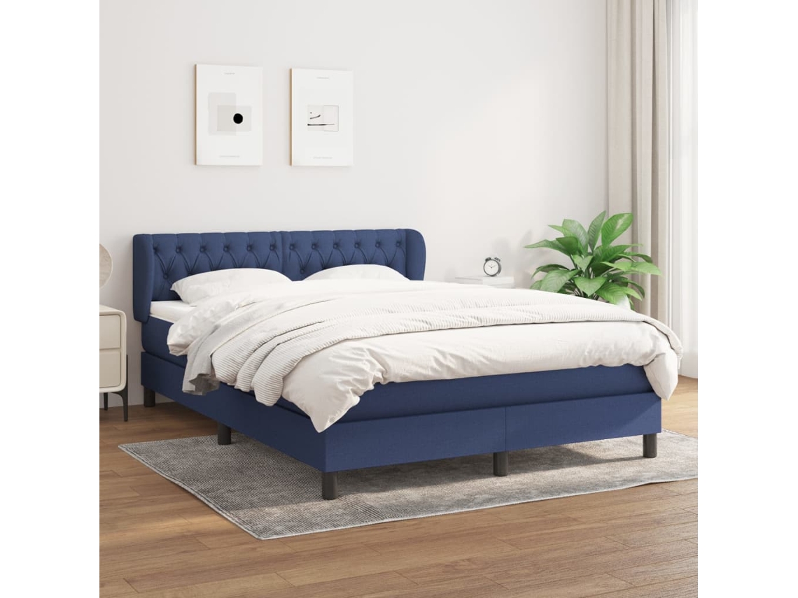 Cama Box Spring Con Colchón Tela Azul 140x190 Cm