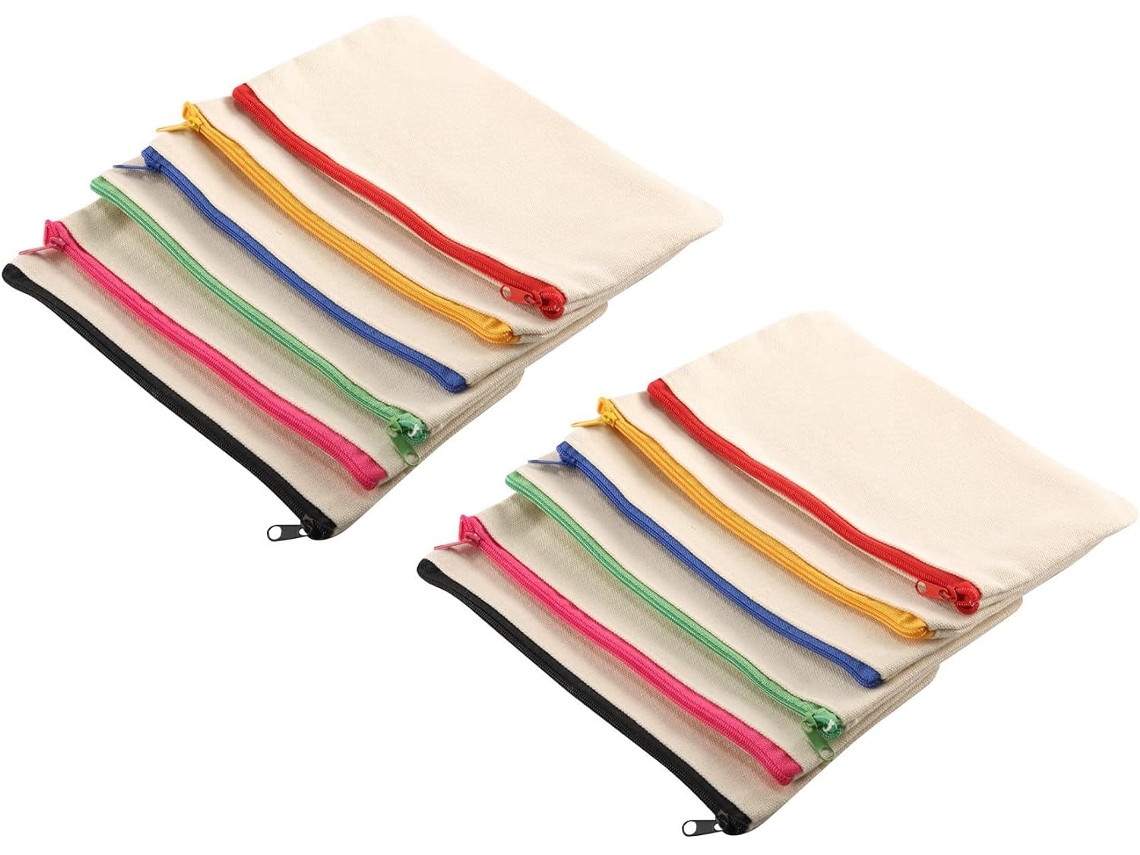 Juego De 12 Estuches De Cosméticos De Lona Sin Blanquear Con Cremalleras Multicolores Y Estuche Para Lápices.