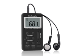 Radio portátil Mdug con batería recargable, receptor estéreo AM/FM, auriculares y pantalla LCD.