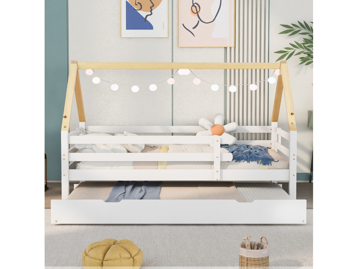 Cama Alta Infantil Blanca De 90x200 Cm, Con Dosel, Corredera Y Con Espacio De Almacenamiento.