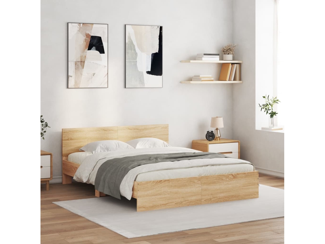 Estructura De Cama Cabecero Y Luces Led Roble Sonoma 150x200 Cm